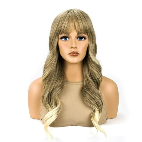 Women's Long Wavy Wig with Bangs Ombre Blonde Gradient Hairpiece for Daily Style, Cosplay & Parties Heat Resistant Synethetic Fiber Natural Wig