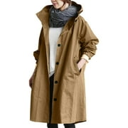 Women's Long Windbreaker Jacket Hooded Windproof Lightweight Plus Size Raincoat Hiking Travel Outdoor Trench Coat (3X-Large, Brown)