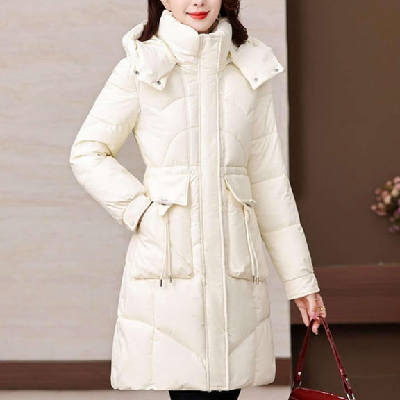 Women's Long Winter Coat, Thermal Lined Quilted Jacket, Windproof Parka with Hood, Warm Puffer Coat, Mid-Length Winter Jacket, Cold Weather Outerwear, Elegant Winter Parka White