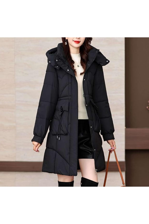 Women's Long Winter Coat, Thermal Lined Quilted Jacket, Windproof Parka with Hood, Warm Puffer Coat, Mid-Length Winter Jacket, Cold Weather Outerwear, Elegant Winter Parka Black