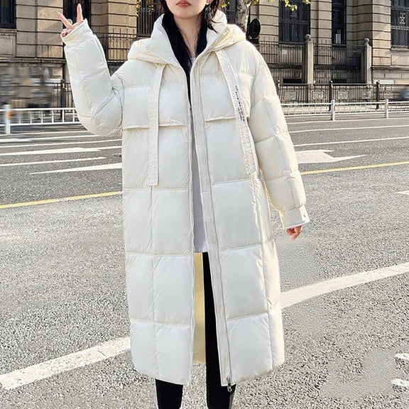 Women's Long Winter Coat, Thickened Warm Hooded Parka, Extended Length Quilted Puffer Jacket, Loose Fit Insulated Outerwear with Windproof Ribbed Cuffs, Warm Protection for Harsh Weather White XL