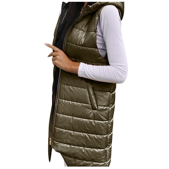 Women's Long Winter Coat Vest With Hood Sleeveless Warm Down Coat With Pockets Quilted Vest Down Quilted Outdoor Jacket