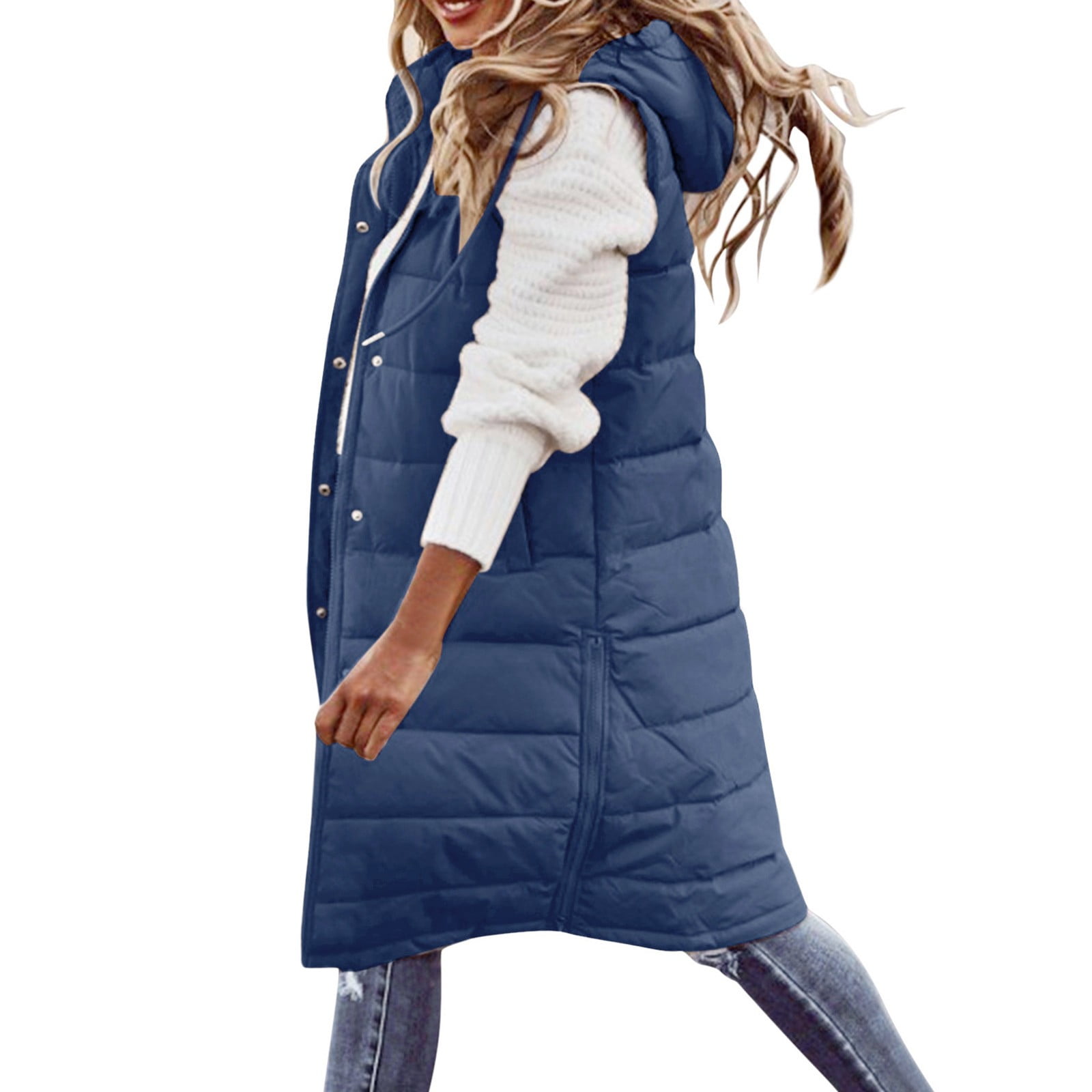 Women's Long Winter Coat Vest With Hood Sleeveless Warm Down