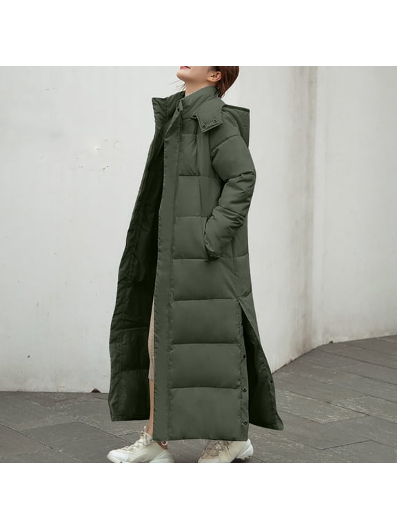Women's Long Winter Down Coat Trendy Thermal Lengthened And Thickened Puffy Medium Length Down Cotton Puffy Parka With Hood Army Green XL