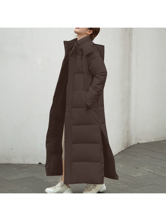 Women's Long Winter Down Coat Trendy Thermal Lengthened And Thickened Puffy Medium Length Down Cotton Puffy Parka With Hood Brown M