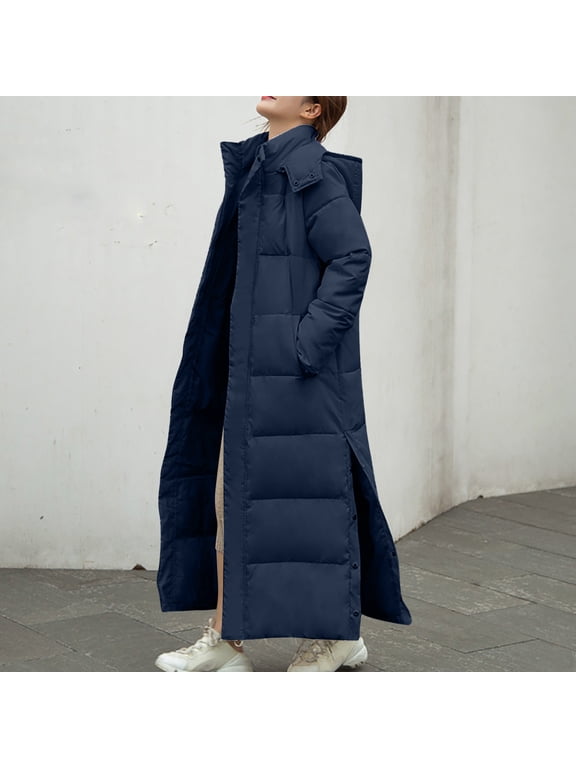 Women's Long Winter Down Coat Trendy Thermal Lengthened And Thickened Puffy Medium Length Down Cotton Puffy Parka With Hood Navy M
