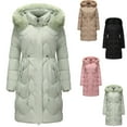 thumbnail image 1 of Women's Long Winter Faux Fur Coat Puffer Warm Jacket Women's Fashion Solid Color Casual Zipper Winter Hooded Stand Sports Long Sleeve Parkas Green XXL, 1 of 7