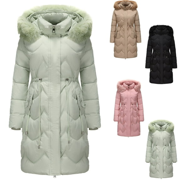 Women's Long Winter Faux Fur Coat Puffer Warm Jacket Women's Fashion Solid Color Casual Zipper Winter Hooded Stand Sports Long Sleeve Parkas Green XXL