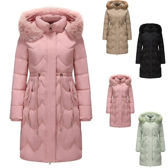 Women's Long Winter Faux Fur Coat Puffer Warm Jacket Women's Fashion Solid Color Casual Zipper Winter Hooded Stand Sports Long Sleeve Parkas Pink XL