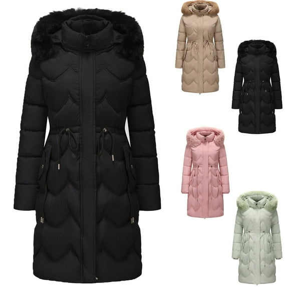 Women's Long Winter Faux Fur Coat Puffer Warm Jacket Women's Fashion Solid Color Casual Zipper Winter Hooded Stand Sports Long Sleeve Parkas Black XXXL