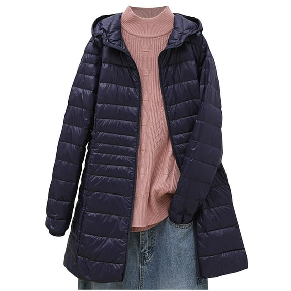 Women's Long Winter Jacket Women's Packable Lightweight Coat Full-Zip Puffer Jacket with Hood Quilted Winter Mid Length Coat Slim Plus Size Thin Jacket S-50 Navy L
