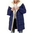 thumbnail image 1 of Women's Long Winter Jackets Hooded Plush Detachable Faux Fur Collar Full Zip Button Thick Thermal Outwear With Pockets (S, Navy), 1 of 8