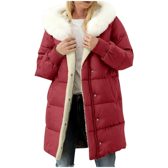 Women's Long Winter Jackets Hooded Plush Detachable Faux Fur Collar Full Zip Button Thick Thermal Outwear With Pockets (XXL, Red)