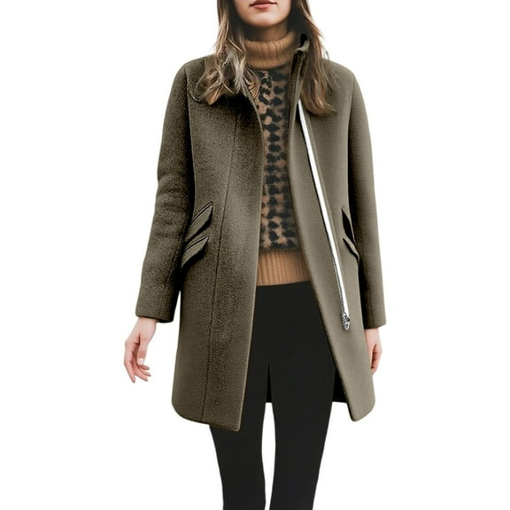 Women's Long Wool Blend Coat Classic Front Zip Casual Winter Jacket for Plus Size Warm Outerwear
