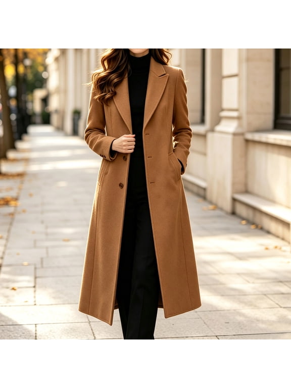 Women's Long Wool Blend Coat Single Breasted Winter Overcoat Notch Lapel Trench Classic Dressy Outerwear Elegant Formal Jacket for Fall Winter Business Casual
