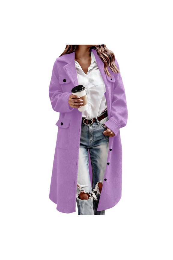 Women's Long Wool Blend Coat, Solid Color Notch Lapel Overcoat, Midi Length Trench Coat Alternative, Classic Workwear Coat, Fall Winter Jacket Purple S