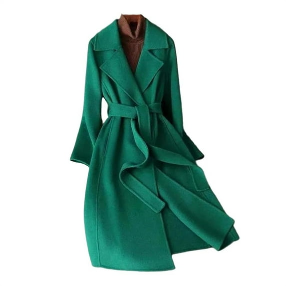 Women's Long Wool Blend Trench Coat, Classic Belted Waist Overcoat, Knee Length Dress Coat, Slim Fit Winter Coat, Solid Color Pea Coat, Formal Trench, Elegant Outerwear Green XXXL