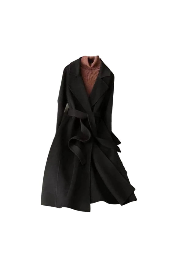 Women's Long Wool Blend Trench Coat, Classic Belted Waist Overcoat, Knee Length Dress Coat, Slim Fit Winter Coat, Solid Color Pea Coat, Formal Trench, Elegant Outerwear Black L