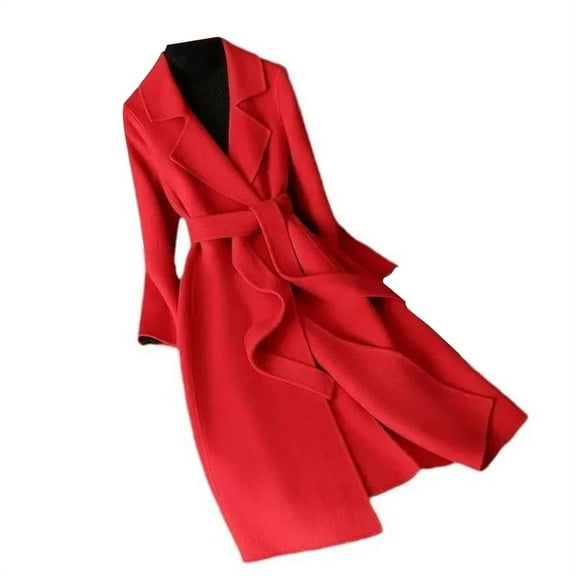 Women's Long Wool Blend Trench Coat, Classic Belted Waist Overcoat, Knee Length Dress Coat, Slim Fit Winter Coat, Solid Color Pea Coat, Formal Trench, Elegant Outerwear Red M