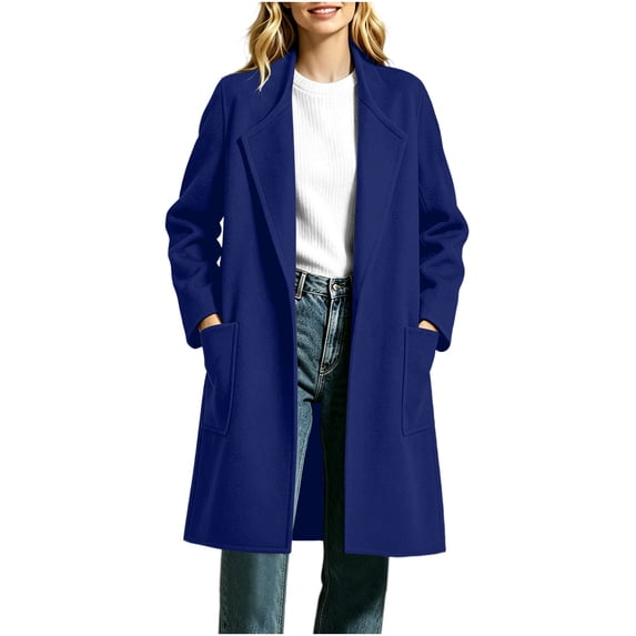 Women's Long Wool Coat Open Front Fully Lined Thickened Casual Jacket with Pockets Fall Winter Outwear or Formal and Casual Occasions in Cold Seasons(Blue,XL)