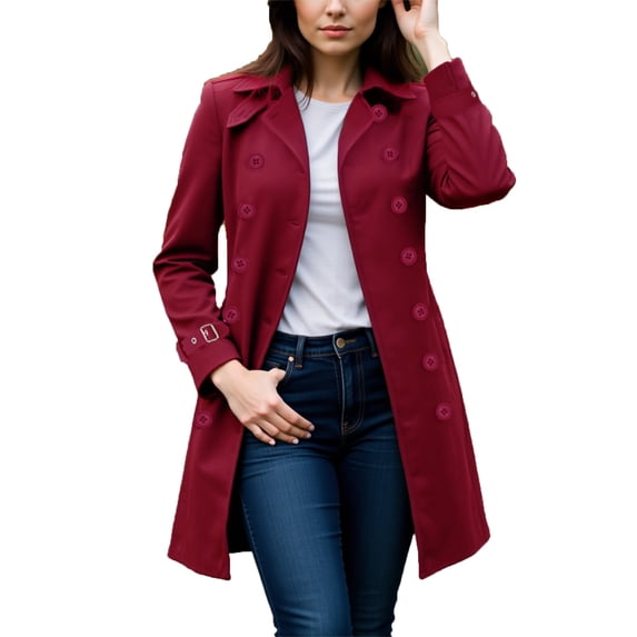 Women's Long Wool Coat Winter Double Breasted Collared Jackets Long Sleeve Solid Color Trendy Outfits Wine 2XL