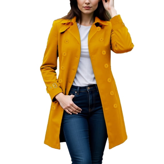 Women's Long Wool Coat Winter Double Breasted Collared Jackets Long Sleeve Solid Color Trendy Outfits Yellow 4XL