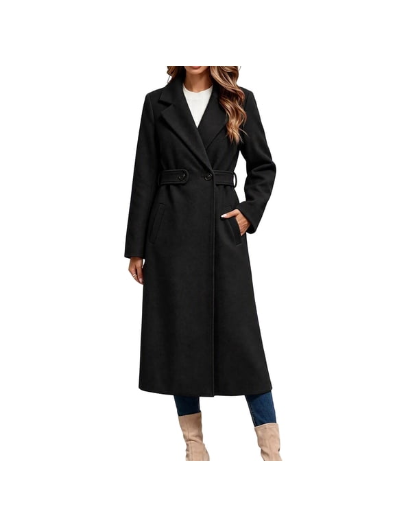 Women's Long Woolen Coat Notched Lapel Belted French Commuter Midi Overcoat Solid Winter Outerwear for Women Black