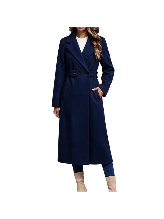 Women's Long Woolen Coat Notched Lapel Belted French Commuter Midi Overcoat Solid Winter Outerwear for Women Navy