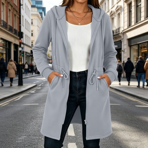 Women's Long Zip up Hoodie Drawstring Waist Jacket Oversized Fleece Coat with Side Pockets Fall Outerwear Gray S