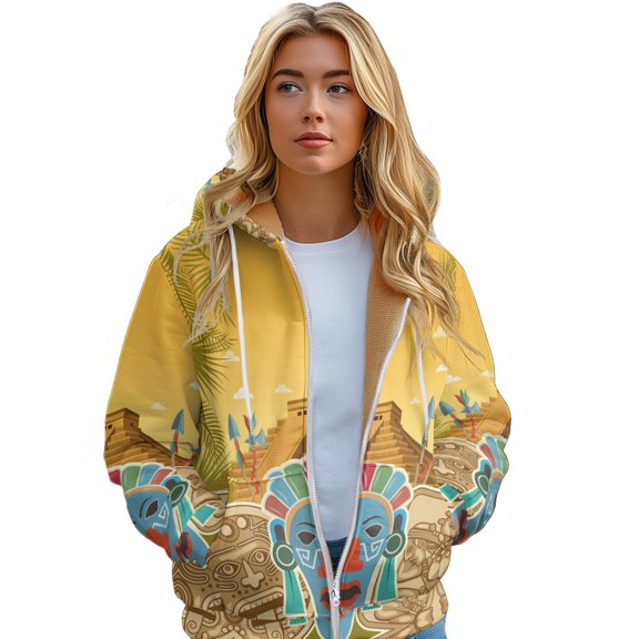 Women's Long padded Hoodie Ancient civilization pattern color printing zipper jacket