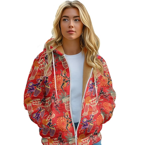 Women's Long padded Hoodie Ancient civilization pattern color printing zipper jacket