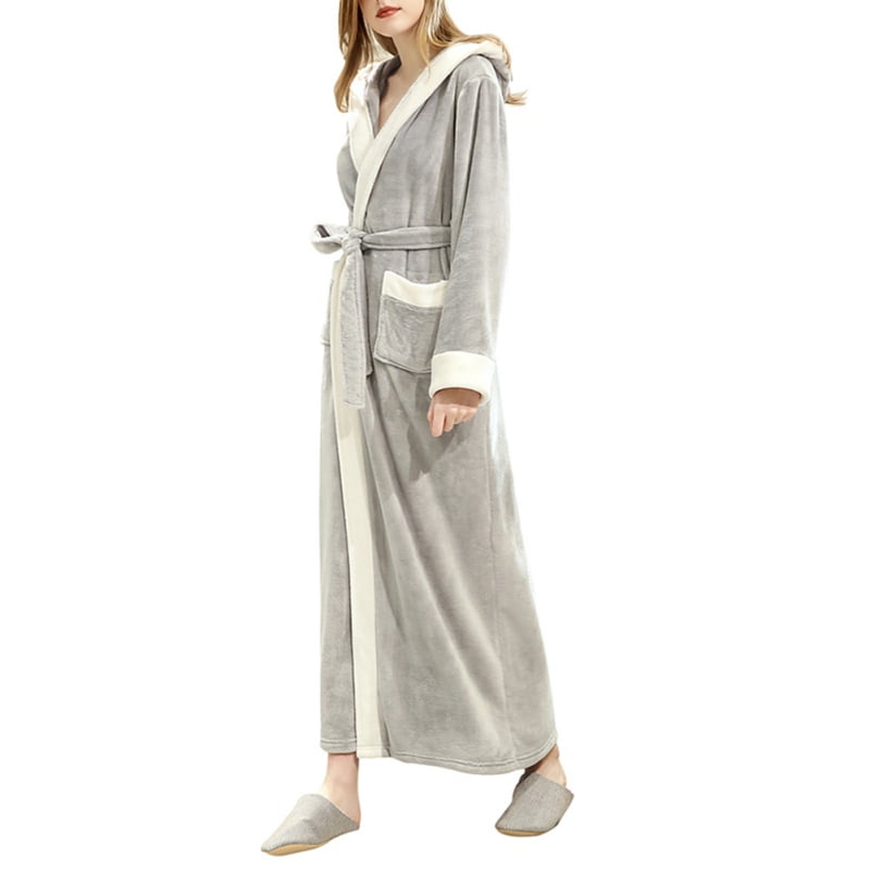 Women's Longsleeved Thick Flannel Robe With Hood Winter Warm Plus