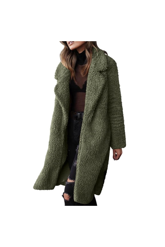 Women's Long-sleeved Warm Plush Jacket with Lapel Army Green L