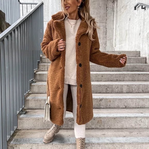 Women's Long-sleeved Warm Plush Jacket with Lapel Camel S