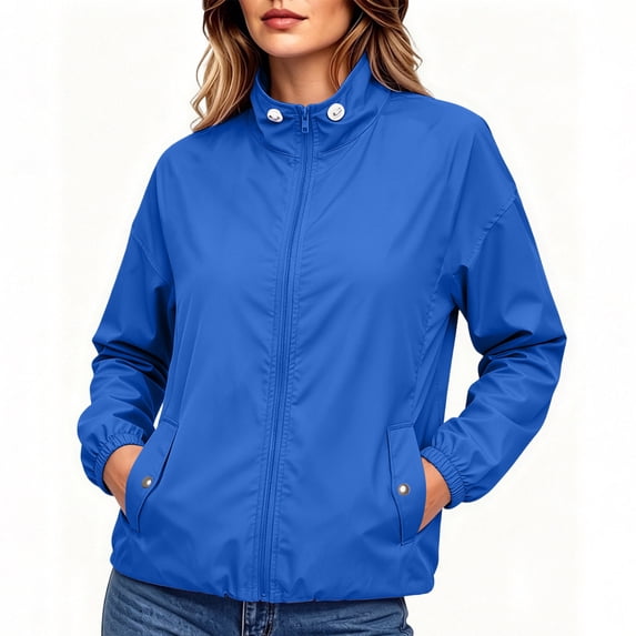 Women's Long-sleeved Windbreaker Baeitkot Women's Solid Color Zippered Long-sleeved Windbreaker with Pockets Blue S