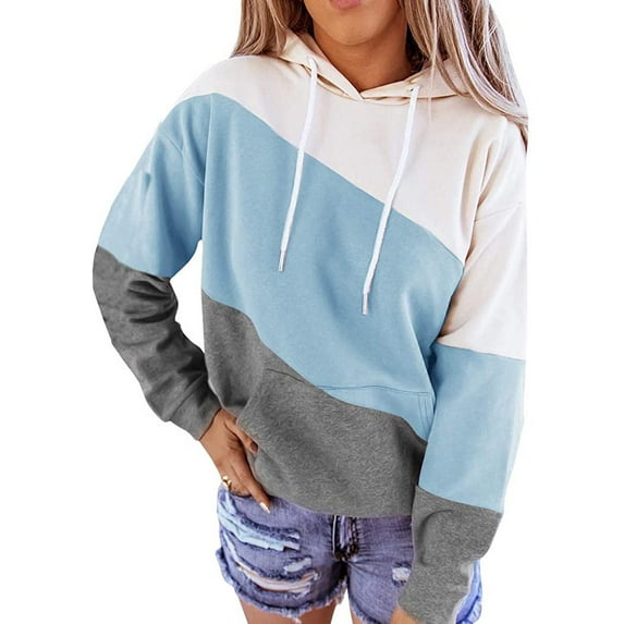 Women's Long sleeves Color Block Hoodie Tops Cute Casual Drawstring Loose Lightweight Tunic Pullover