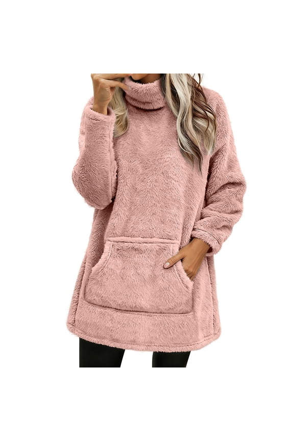 Women's Longline Fleece Pullover with Pocket, Turtleneck Fleece Tunic Sweater with Pockets Fall Winter Warm Sweater Cozy Sweaters for Women Fleece Turtleneck Sweater for Winter, Rose Gold L