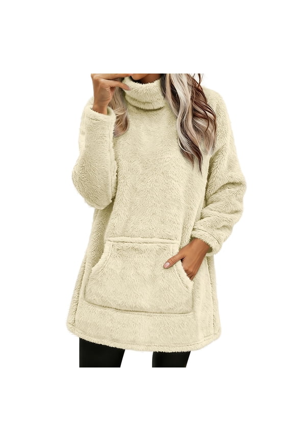 Women's Longline Fleece Turtleneck Top with Pocket, Mock Neck sweatshirt women Women's Longline Fleece Turtleneck Top with Pocket Mock Neck Fleece Plus Size Tunic Pullover Loungewear, Light Yellow S