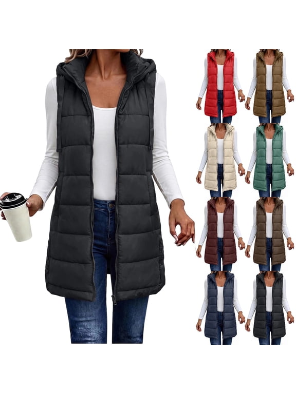 Women's Longline Hooded Puffer Vest Zip Up Sleeveless Quilted Warm Outerwear with Pockets for Fall Winter Daily Wear Layering Casual