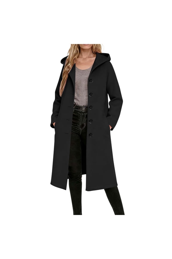 Women's Longline Hooded Trench Coat Long Sleeve Button Down Solid Cardigan Overcoat with Pockets for Winter Black 2XL