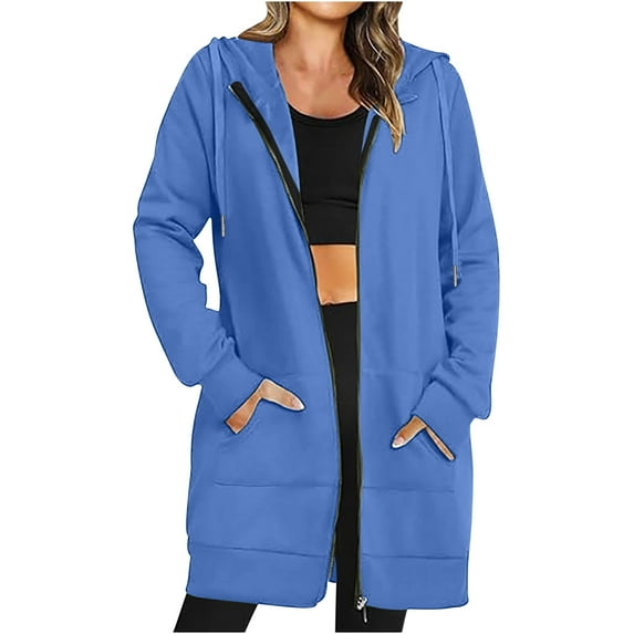 Women's Longline Hoodie Full Zip Fleece Jacket Warm Coat Womens Long Length Sweatshirt with Pockets Loose Sweat Top Long Hoodies With Drawstring Thermal Outerwear blue S