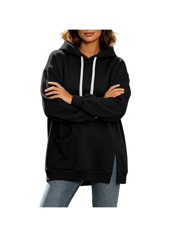 Women's Longline Hoodies Solid Color Drawstring Long Sleeve Tops Side Slit Patch Pocket Sweatshirts Loose Fit Lounge Wear