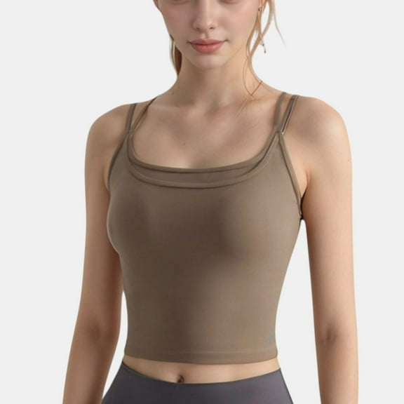 Women's Longline Sports Bra with Double Spaghetti Straps and Layered Scoop Neck for Low Impact Workouts - Small, Brown