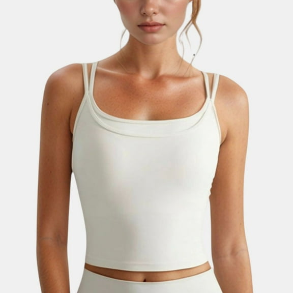 Women's Longline Sports Bra with Double Spaghetti Straps and Layered Scoop Neck for Low Impact Workouts - Small, Ivory