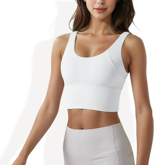 Women's Longline Sports Bra with Wide Straps and Scoop Neck- Medium, White