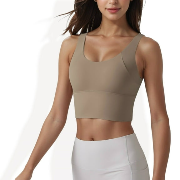 Women's Longline Sports Bra with Wide Straps and Scoop Neck- Small, Khaki