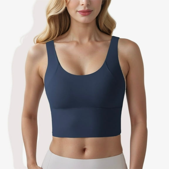 Women's Longline Sports Bra with Wide Straps and Scoop Neck- Small, Navy