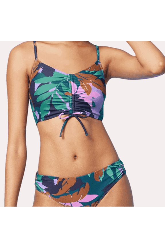 Women's Longline Tunneled Tie-Front Bralette Bikini Top - Shade & Shore Multi Floral Print XS