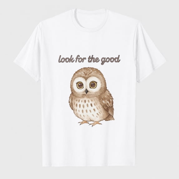 Women's Look For The Good Graphic T-Shirt, Cute Owl Positive Short Sleeve Tee