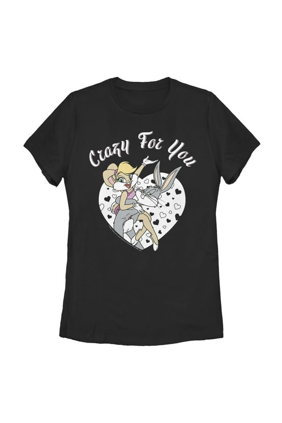 Women's Looney Tunes Valentine's Day Bugs Bunny and Lola Bunny Crazy for You Graphic Tee Black Medium